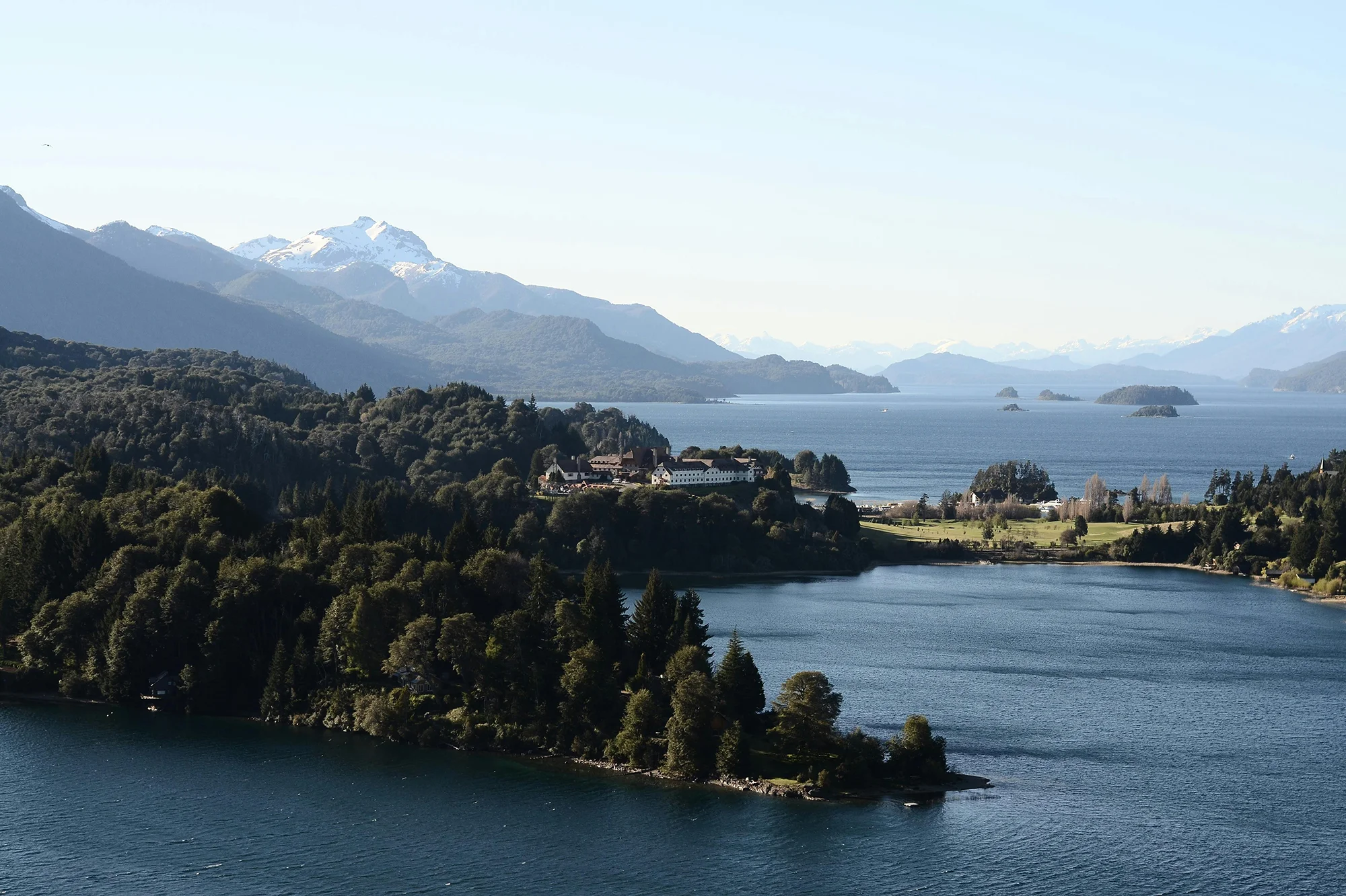 Aerial view across the arms of Lake Nahuel Huapi